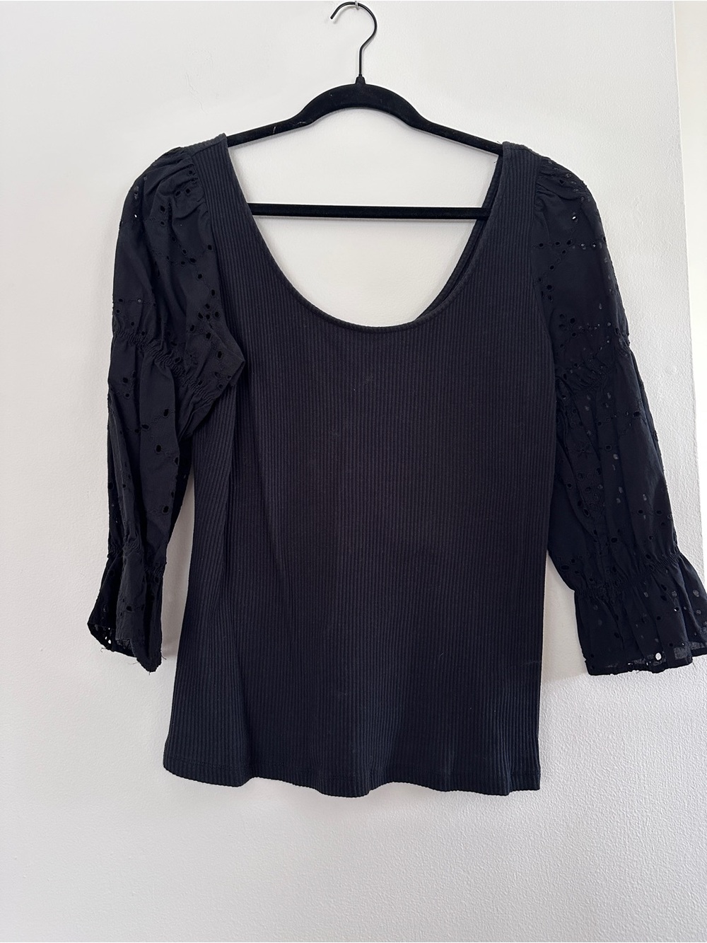 Black Scoop Neck Ribbed Knit Top with Eyelet Puff Sleeves